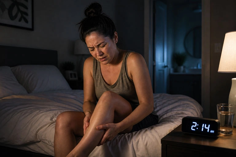 Person woken by a night-time leg cramp from lost electrolytes on keto